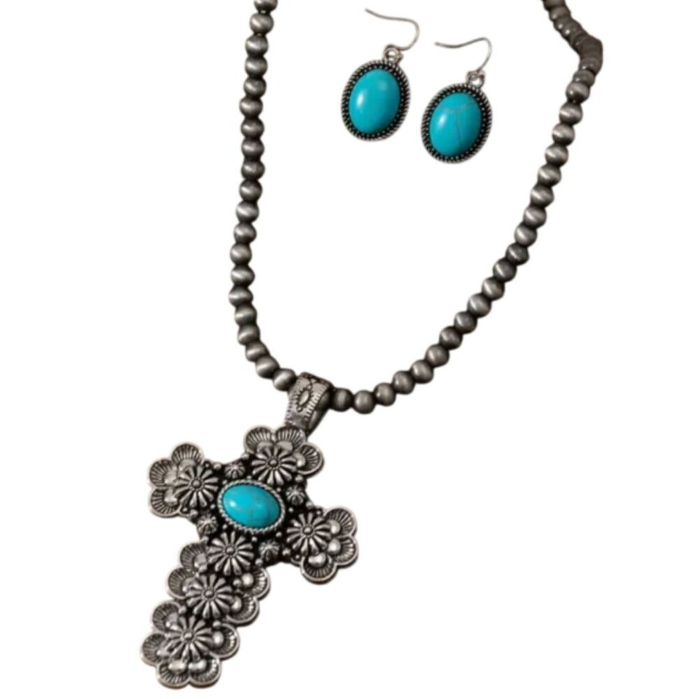 Imitation Turquoise Floral Cross Necklace & Earrings Set